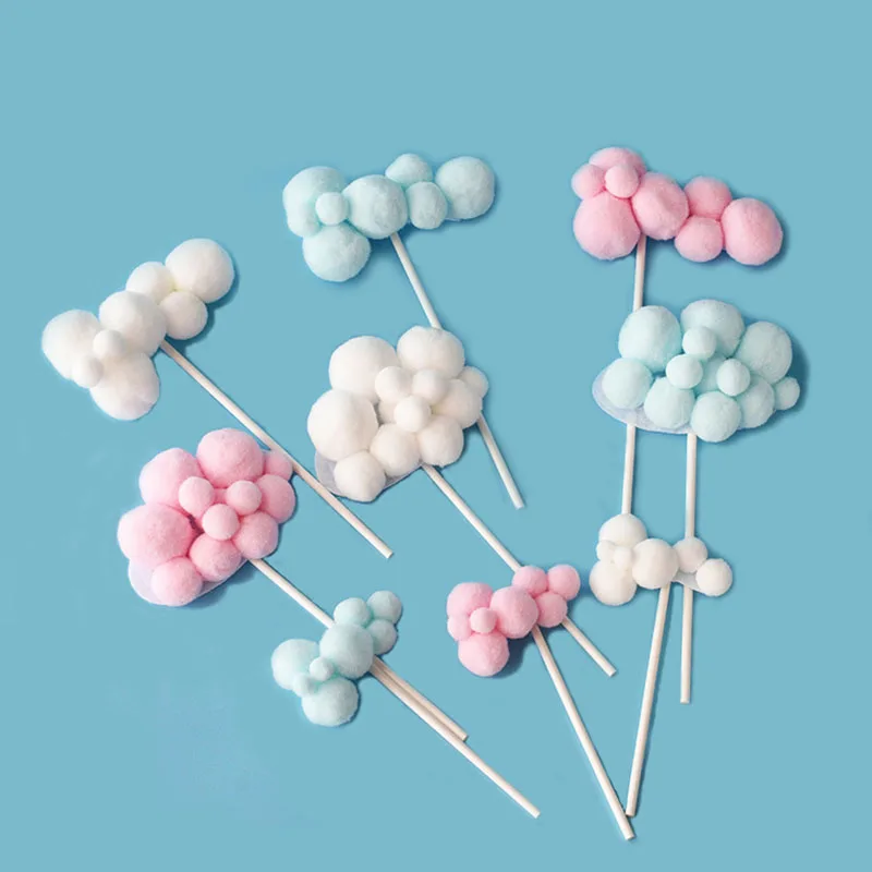 Cloud shape Pom-pom Colorful Cake Topper For Birthday Anniversary Party Cupcake Decoration Blue Pink White Baking Supplies Decor | Дом и сад