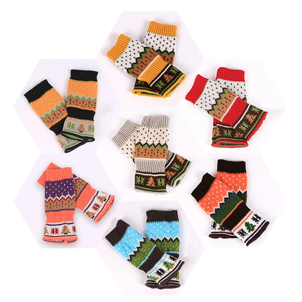 Красочные женские перчатки без пальцев вязаные теплые длинные на запястье