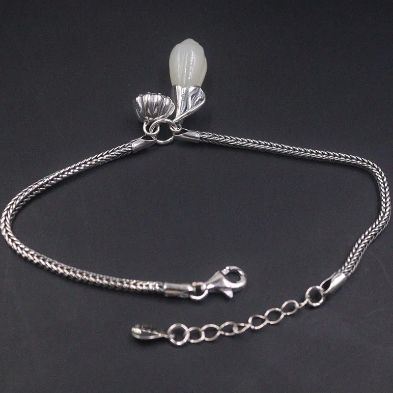 

New Arrival S925 Sterling Silver Bracelet Women Luck Nephrite Flower with Wheat Chain Link Bracelet 19.5cm 2mmW