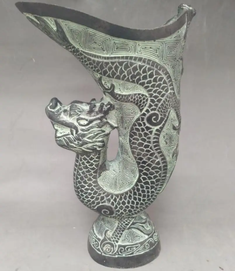 

China bronze dragon head wine cup crafts statue
