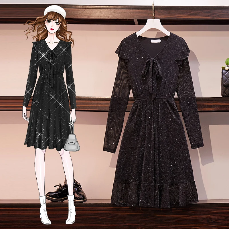 

Black V Neck Korean Style Oversized Party Vintage Women'S Dress For Christmas Clothes Long-Sleeve 2020 Spring Autumn D0601