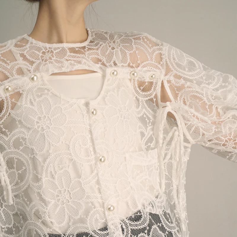 

TWOTWINSTYLE Elegant Patchwork Lace Shirts For Women O Neck Long Sleeve Straight Hollow Out Blouses Female Korean Summer Fashion