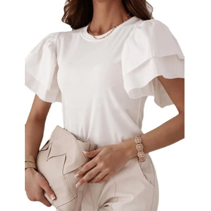 

Women Summer Butterfly Short Sleeve 2021 Summer Chic Solid T Shirt Round Neck Ruffles Camiseta Casual Tops Tee