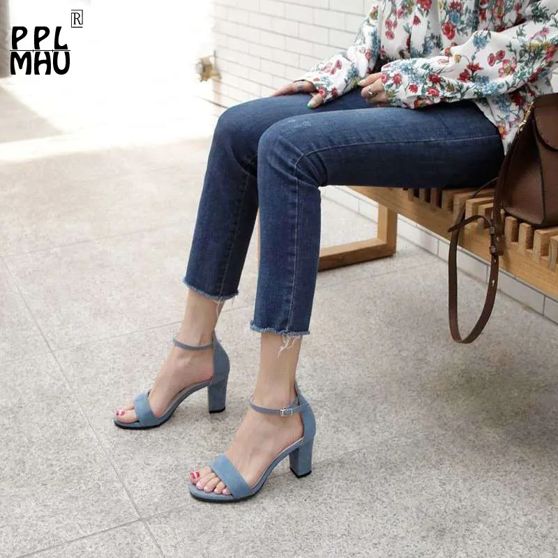 

Босоножки женские с открытым носком, элегантные сандалии на высоком каблуке, с ремешком и пряжкой, Повседневная офисная обувь, синие, лето ...