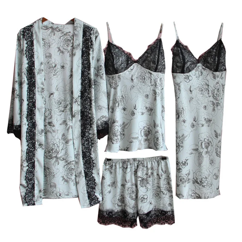 

2021 New 4PCS Pajamas Suit Women Printed Lace Bathrobe&Suspender Nightdress Suit With Breast Pad Home Clothing Sexy Sleepwear