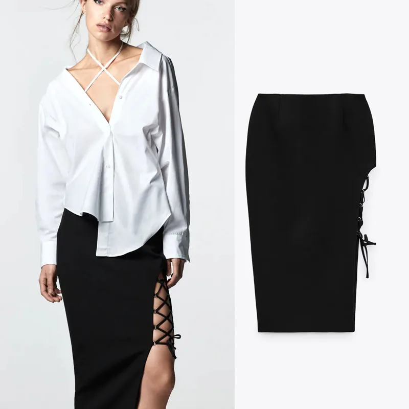 

Женская кружевная юбка-карандаш ZA, черная повседневная юбка средней длины с высокой талией и Боковым Разрезом, с металлическими глазами, ос...