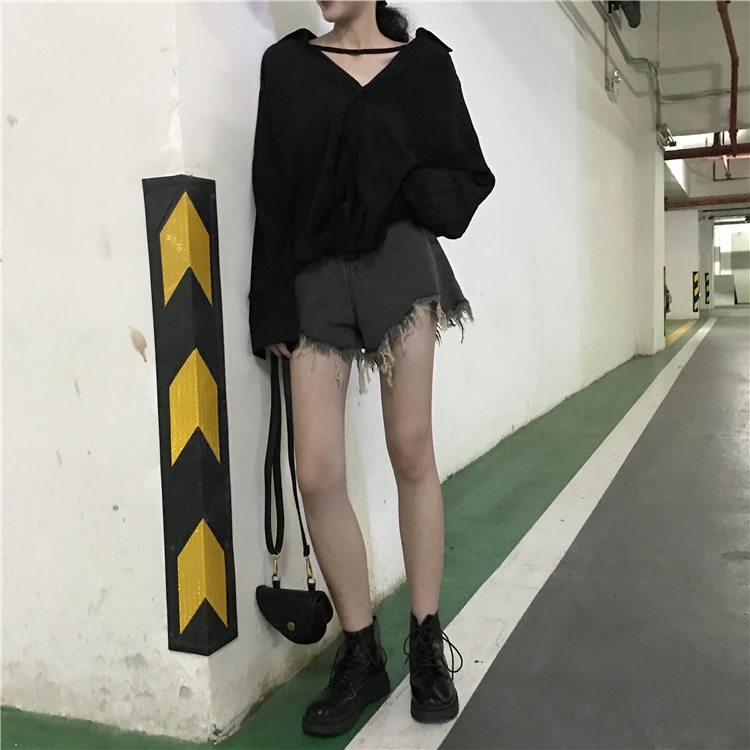 

XUXI Women Fashion Shirt Spring Autumn 2021 Thin Korean Retro Long-sleeved V-neck Shirt Loose Black Blouse Female E706