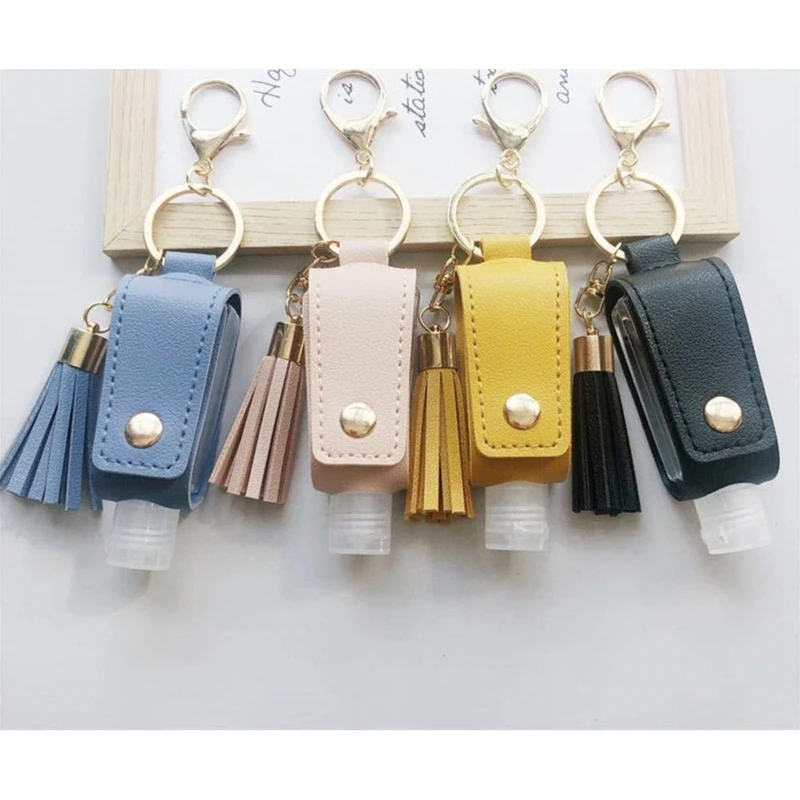 

8Pc Leather Travel Bottle Keychain Holder Set Leather Key Chain with 30Ml Clear Refillable Flip Cap Empty Travel Bottles