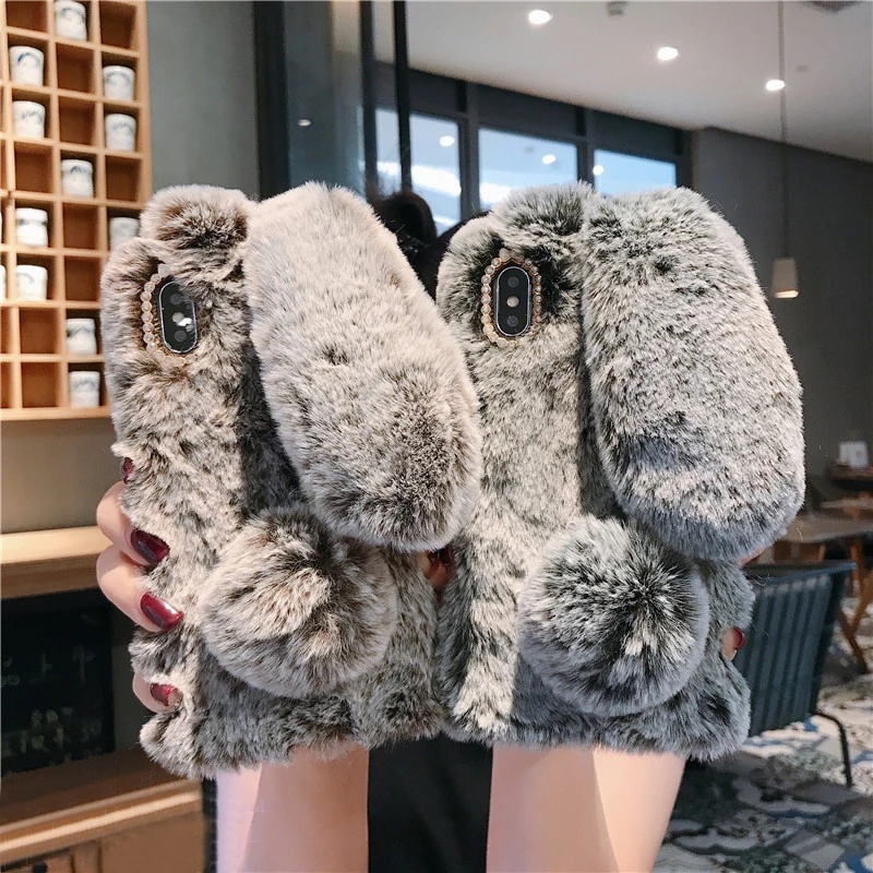 Милый Алмазный 3D кроличьи уши мех плюшевый чехол для телефона iphone 4 4S 5 5S SE 6 6S 7 8 Plus X