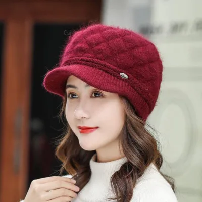 Autumn Winter Hats for Women Warm Thick Rabbit Fur Hats Women Newsboy Berets Ladies With Woolen Knitted Hat Female Caps - Цвет: wine red