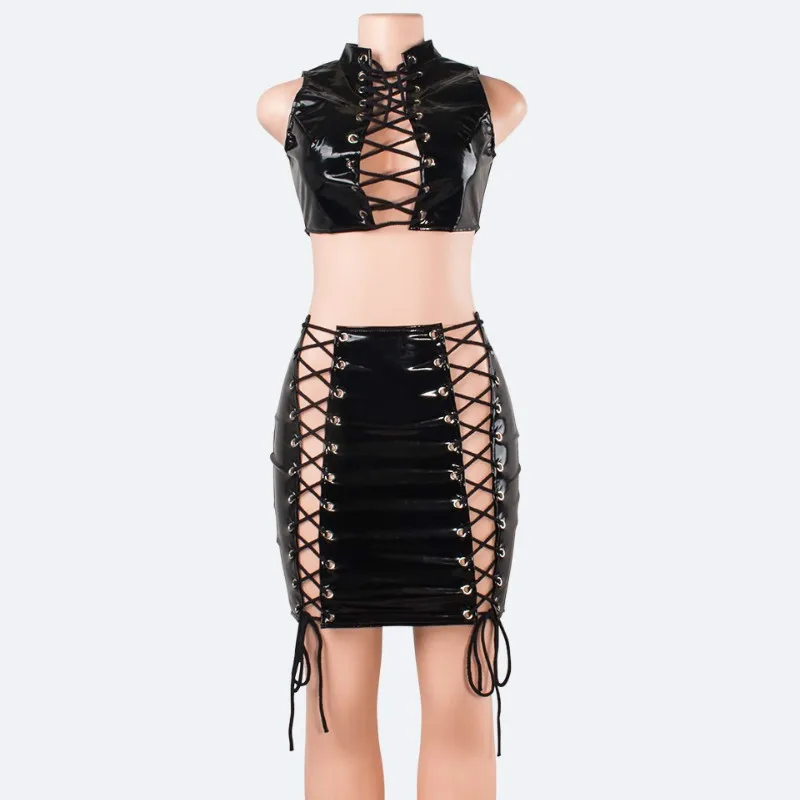 

TRODEAM Women Sexy Tie Up Hollow Out Tops Short Skirts Suit Clubwear Female Slim Solid Two Piece PU Suit Outfit Streeywear 2021