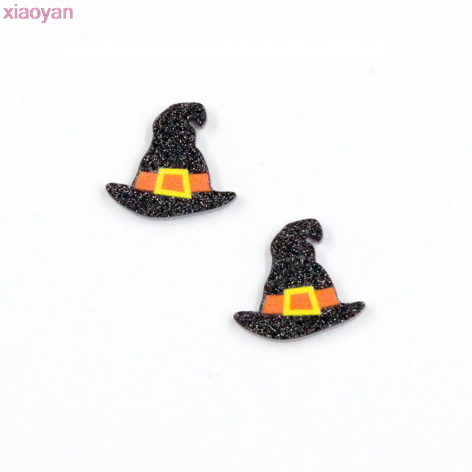 

(10 шт./лот) 20 мм Аксессуары для украшений на Хэллоуин симпатичная Черная блестящая шляпа (с плоским основанием) для сережек-гвоздиков