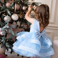 sky blue baby girls dresses tiered organza backless satin bow princess party gowns flower girl dress kid size 1 14y