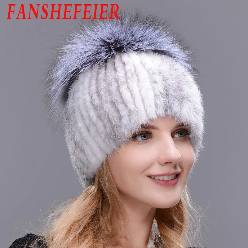 FANSHEFEIER женская меховая шапка зимняя натуральная норковая шапка с меховым помпоном из серебра лисы вязаные шапочки шапка новая распродажа меховые шапки