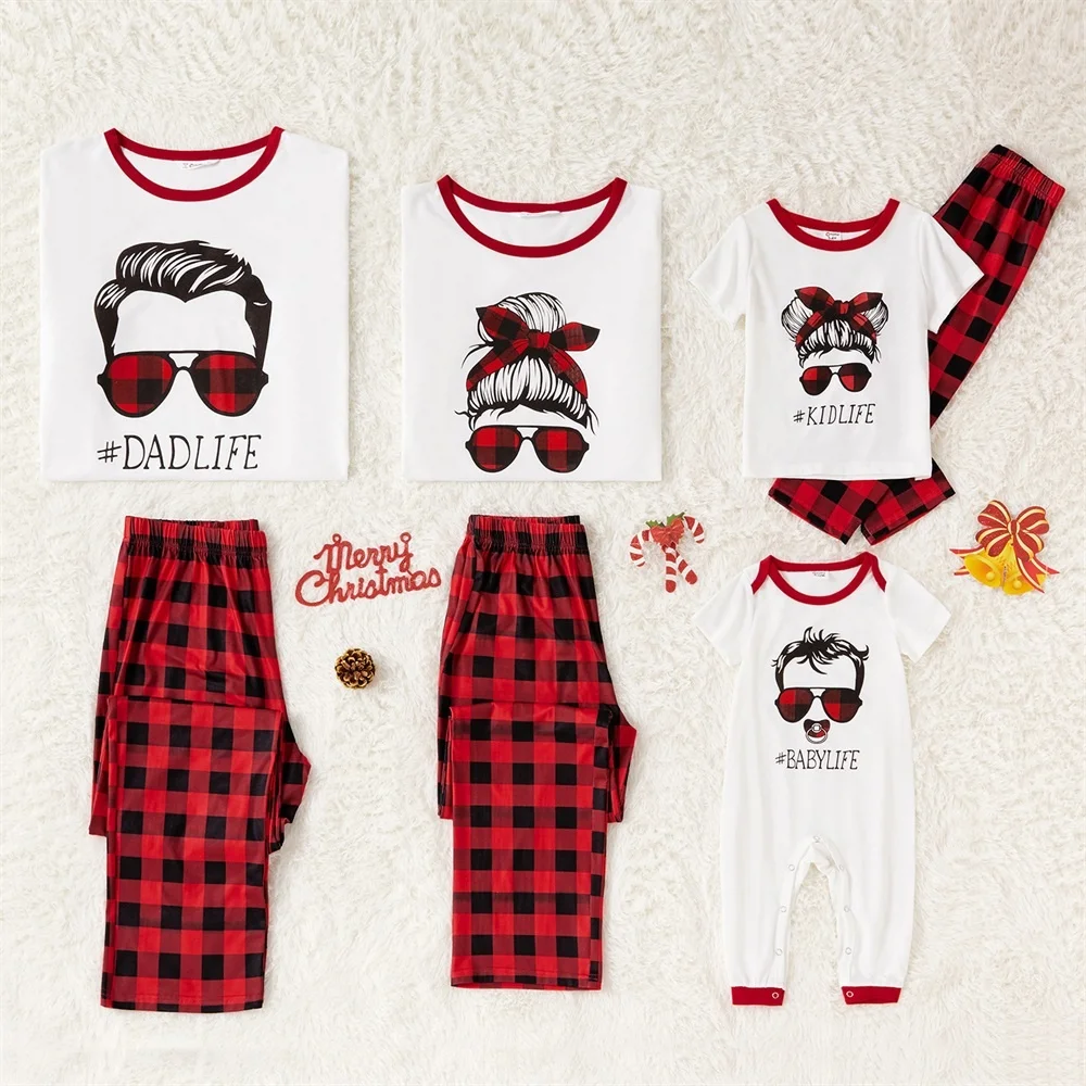 

2021 Family Matching Plaid Letter human Print Family Look Sets