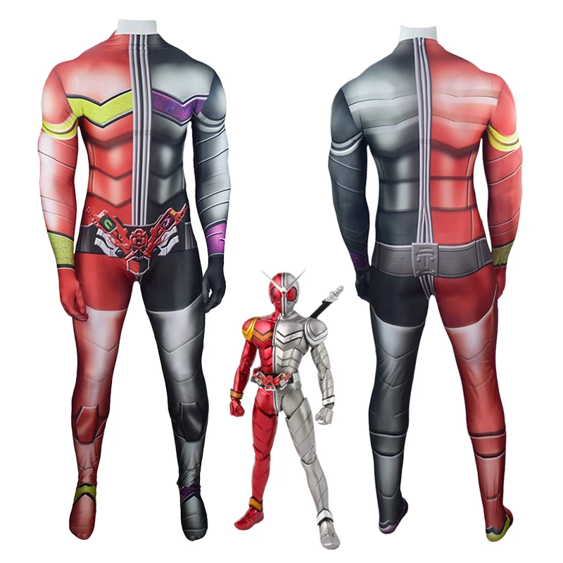 

Костюм дважды для косплея Kamen Rider, комбинезон зентай, маскарадный Райдер, теплый металлический цельнокроеный красный облегающий костюм для ...