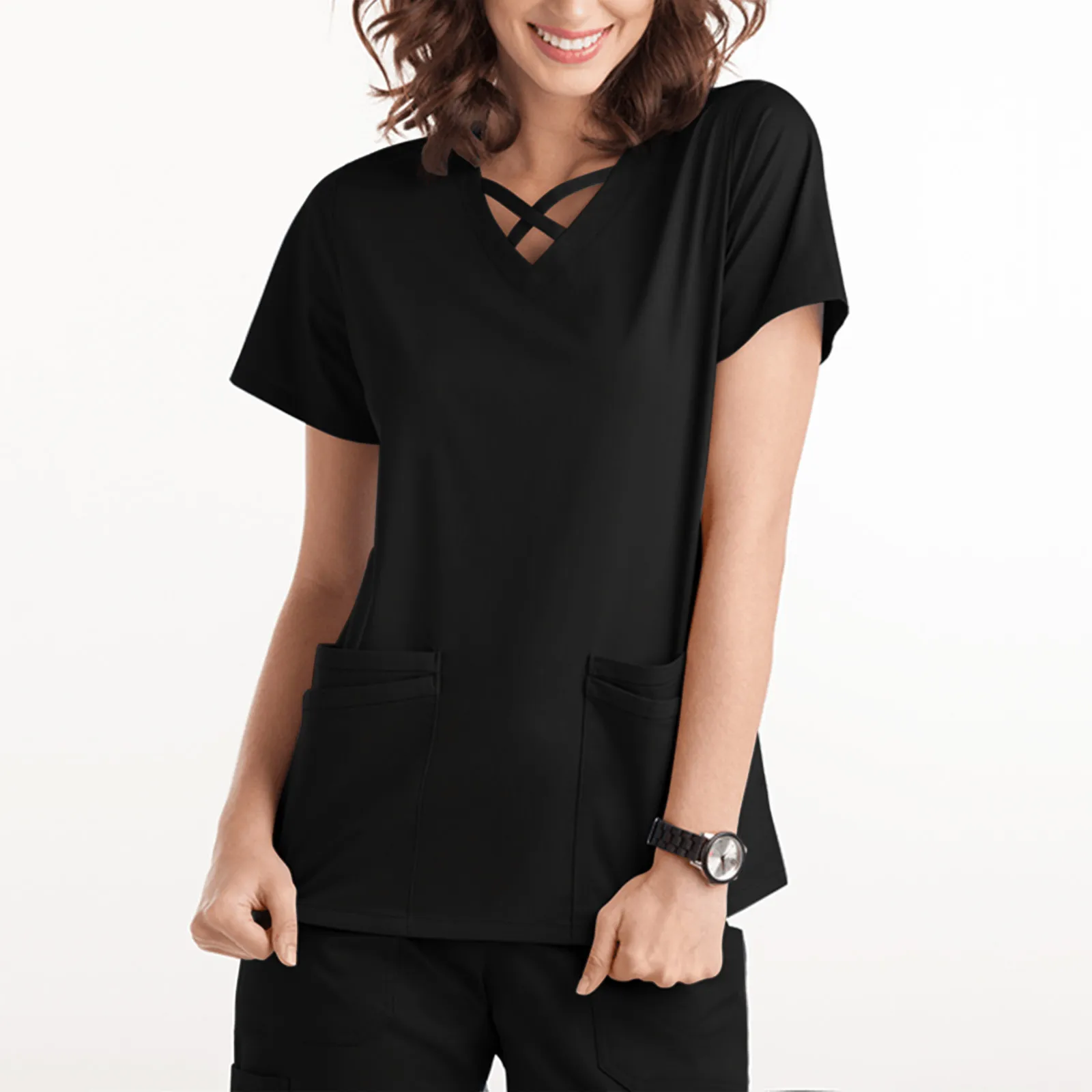 

Beauty Salon Nursing Scrubs Tops Women Short Sleeve V-Neck Care Workers T-Shirt With Pocket Work Uniform Gorro Enfermera A50
