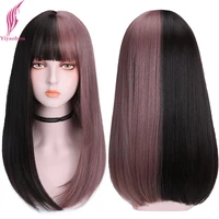 yiyaobess 20inch long straight wig with bangs black pink ombre synthetic lolita wigs for women high temperature cosplay wig
