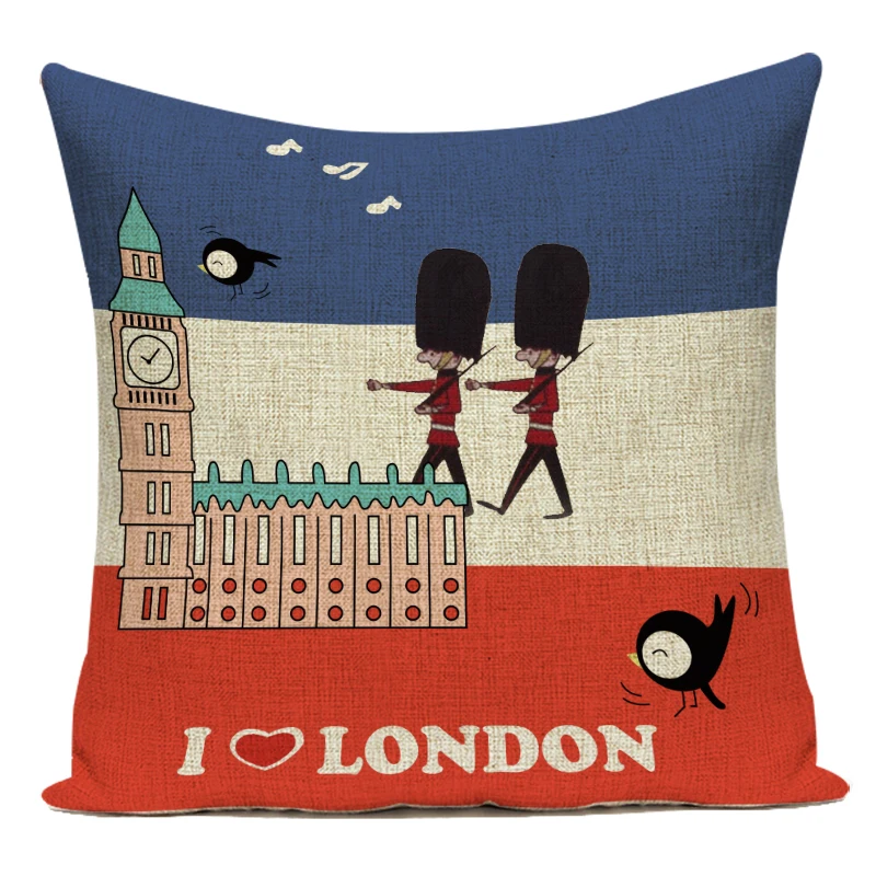 Милый чехол для подушки из полиэстера в стиле карикатурного лондонского солдата, здания, автобуса и флага для украшения гостиной - Альмофадас.
