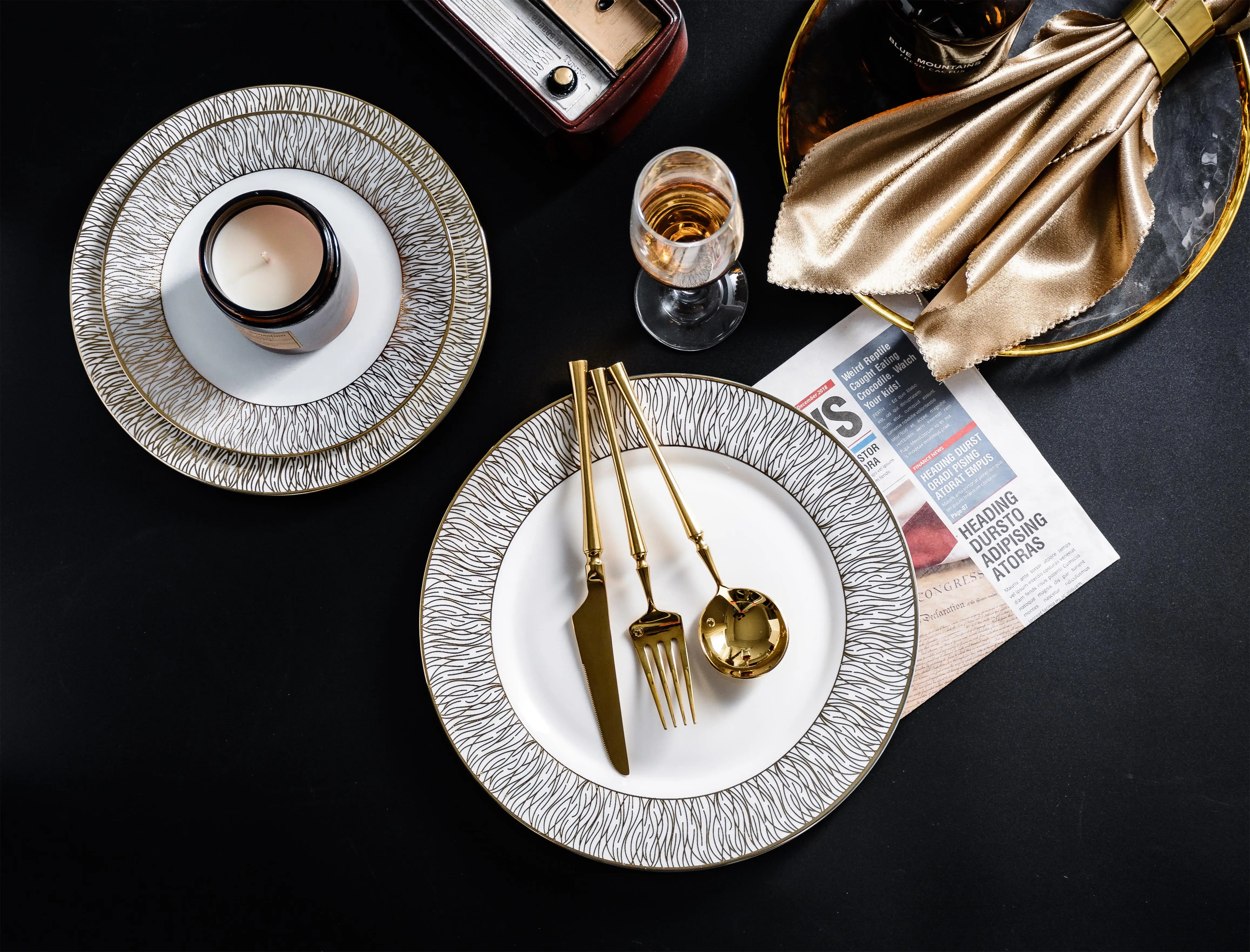 

Tableware Dinner Plates Set Serving Decorative Breakfast Set Nordic Luxury Ceramic Gold Edge Plate Assiette Kitchenware AG50CP