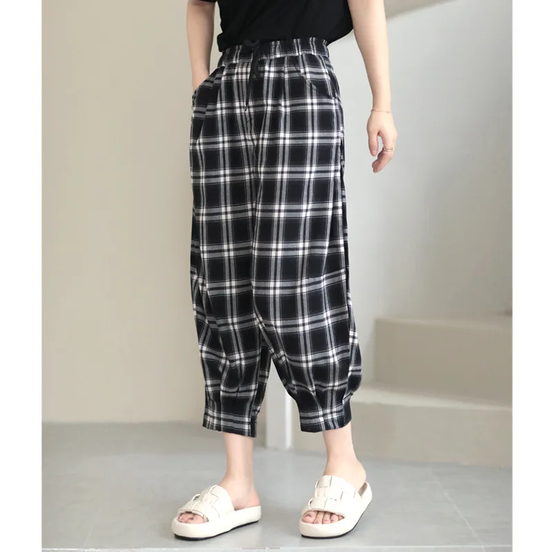 

2022 Autumn New Retro Simple Black Plaid Nine Point Pants Korean Loose Thin Casual High Waist Women Harem Pants Free Shipping