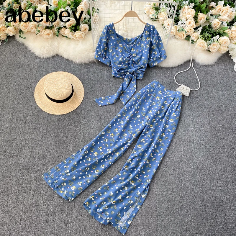 

Women Autumn Bohemian Floral Set V Neck Puff Sleeve Short Top+Sexy Split High Waist Wide Leg Long Pants Two Pieces Set