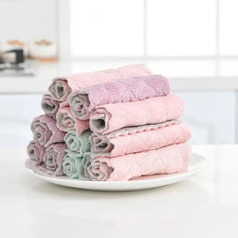 

Double-sided Dishwashing Cloth Coral Fleece Rag Kitchen Clean Non-stick Oil Lazy Dish Towel Pineapple Lattice Dishcloth Random