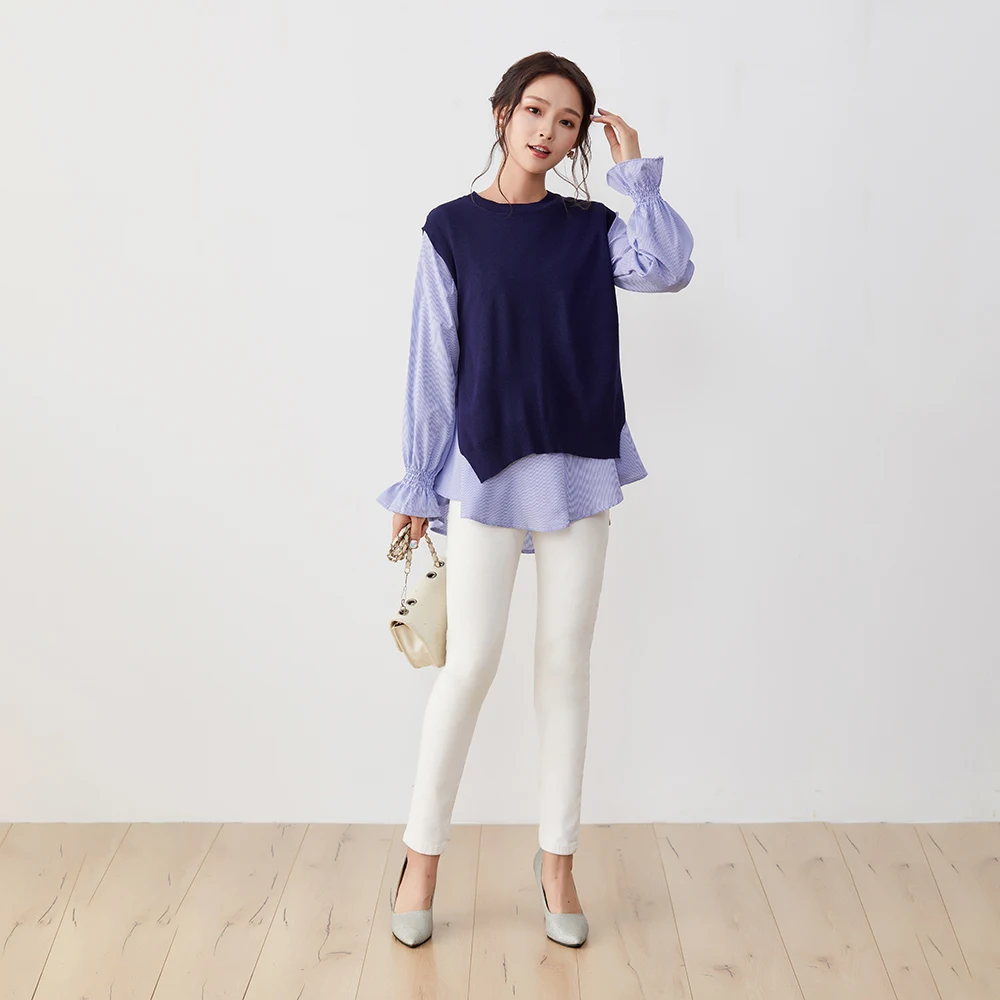 

Sweater For Women Autumn Spring Korean Double-Layer Lantern Sleeve Loose Pullover Fake Two Piece Blouses Patchwork Long Sleeve