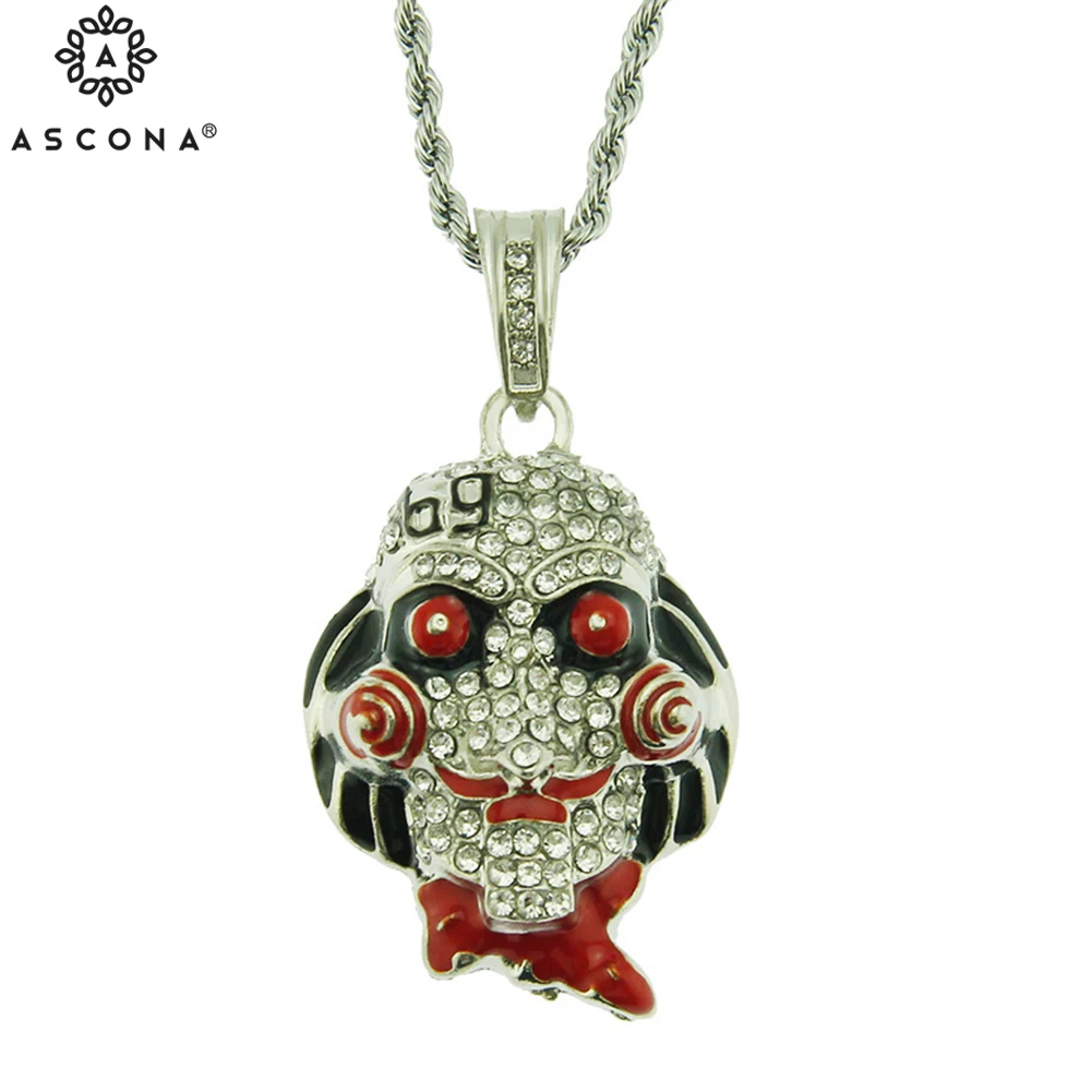 

Men Hip Hop Iced Out 69 Saw Doll Head Mask Pendant Necklaces Male Bling Hiphop Charm Rock Punk Rapper Jewelry Luxury Gifts