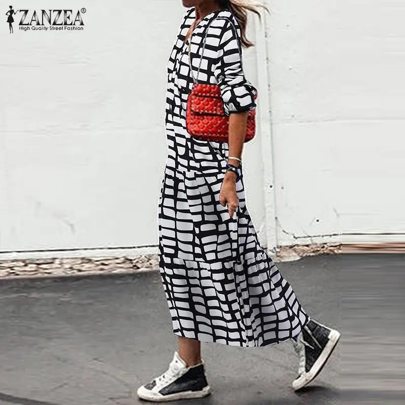 

ZANZEA 2021 Elegant Polyester ALine Robe Autumn Long Sleeve Vestidos Female Street Sundress Women Casual Grid Printed Maxi Dress