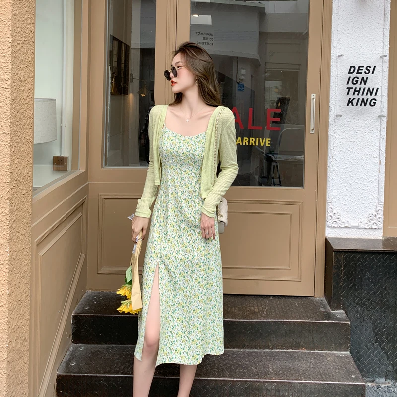 Женские комплекты из 2 предметов кардиган + шифоновое Цветочное платье летние