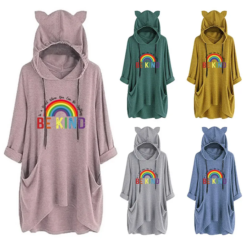 Fall/Winter Women's Hooded Sweater Cute Knit Pullover Rainbow BE KIND Printed Cat Ear Jacket Long Sleeve Top
