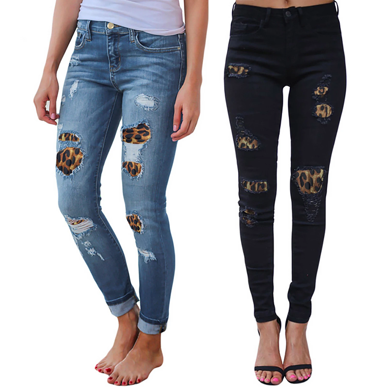 

Женские рваные джинсы с леопардовым принтом, брюки с завышенной талией, узкие Стрейчевые джинсы, брюки-карандаш, повседневные облегающие дж...
