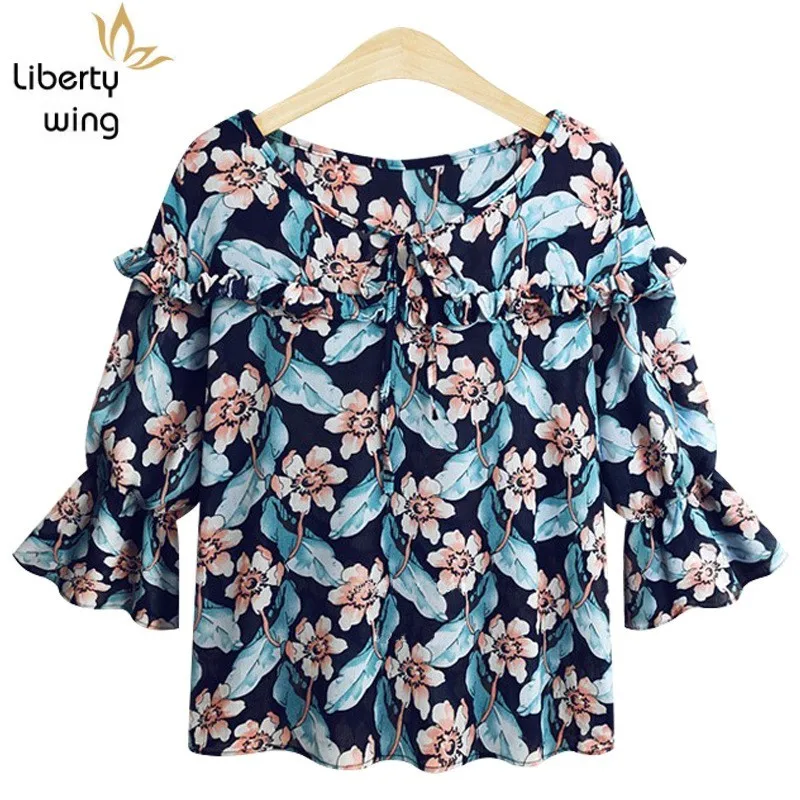 Богемные шифоновые женские блузки с цветочным принтом топы оборками пляжные