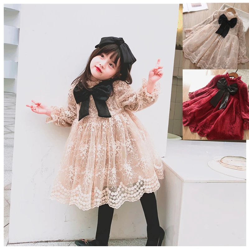 

3-8y Girls Winter Casual Dresses Plus Velvet Warm Bow Christmas Lace Little Girl Autumn Clothes Fall Seleeves For Clothing