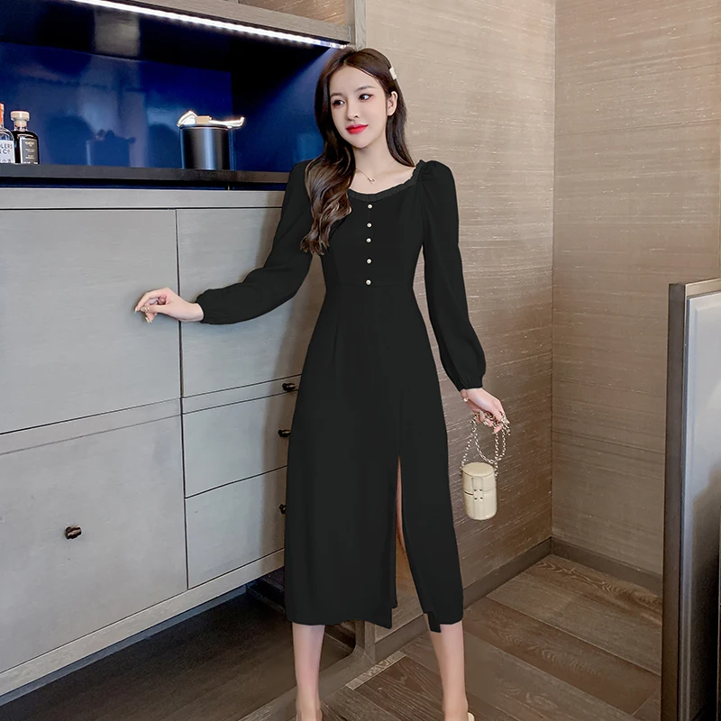 

COIGARSAM Office Lady Full Sleeve Women one-piece dress korean New Spring Vintage Solid Mesh Square Collar Dresses Black Apricot