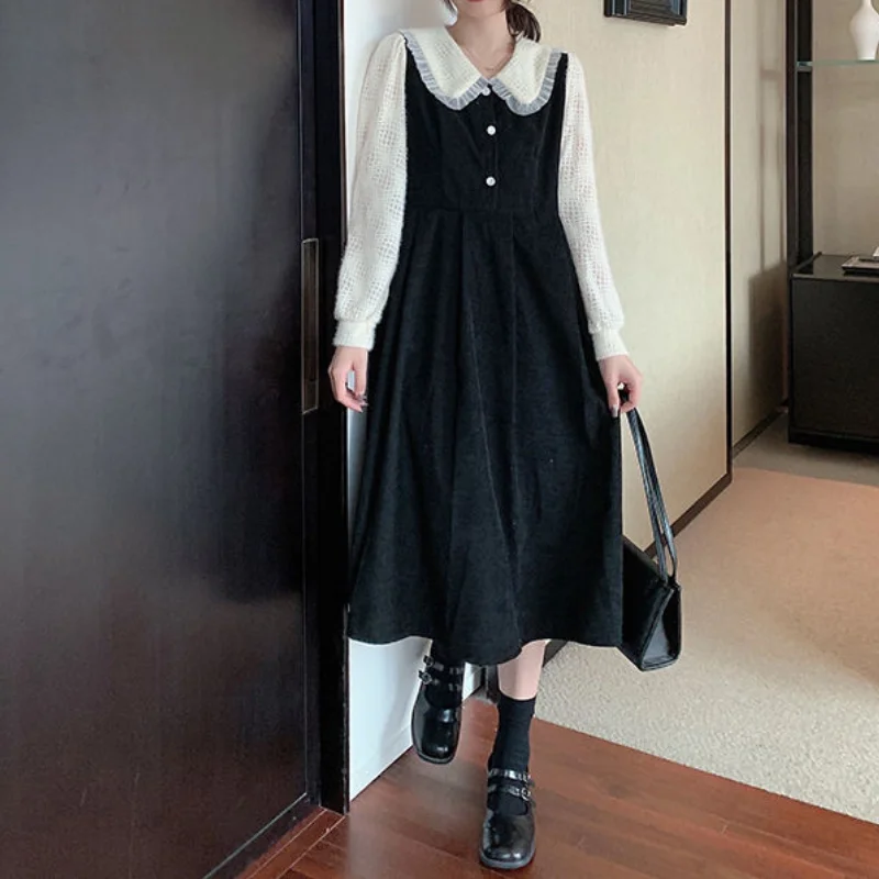 

HOUZHOU Kawaii Preppy Style Dress Woman Elegant Vintage Mid-Calf Dresses Autumn 2021 Korean Fashion Outfits Sweet Streetwear