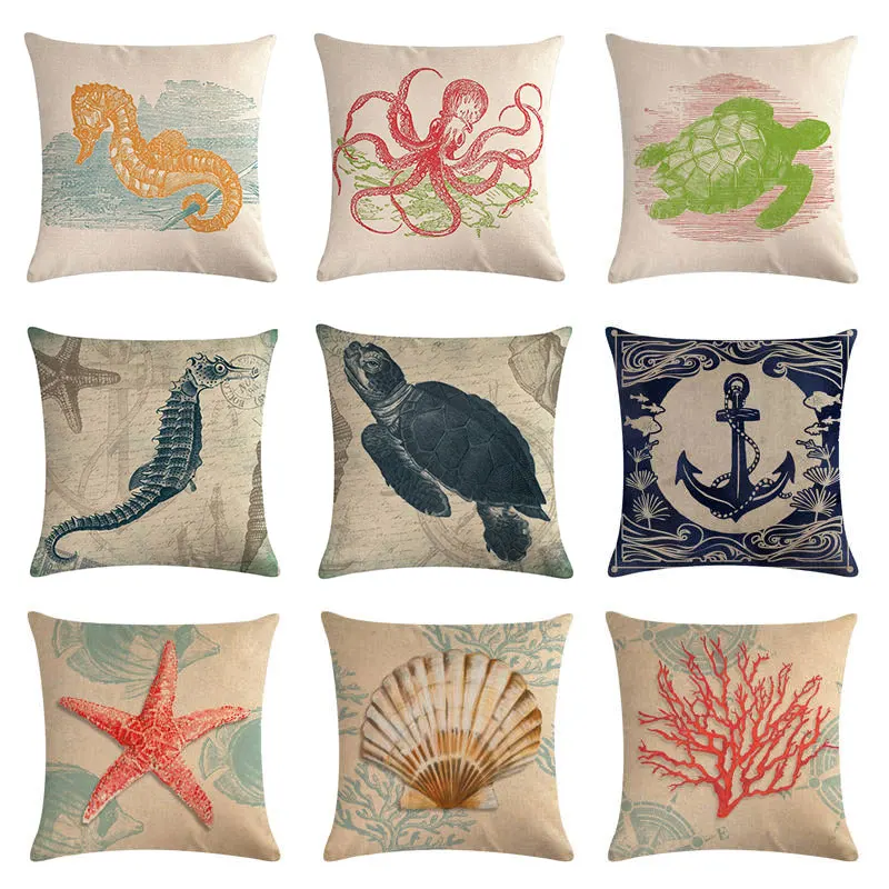 Пляжная наволочка для подушки морская черепаха хлопковая льняная Морской коньки