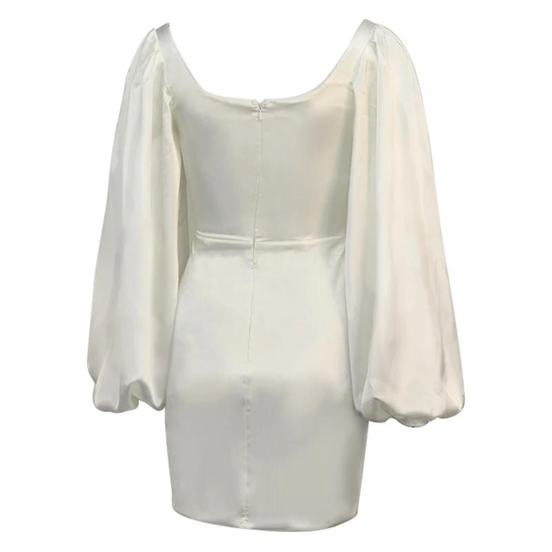 

Satin White Dress V Neck Lantern Sleeve 2 Layers High Waist Bodycon Vestidos Zipper Ruched Robe Women Mini Dresses 2020