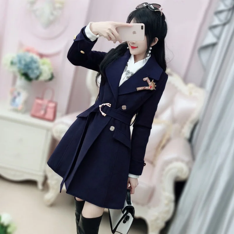 2021 New Spring And Autumn Women Coat Dark blue embroidered long-sleeved woolen coat female slim winter | Женская одежда