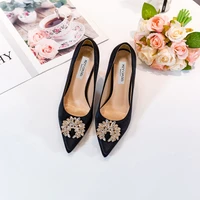 new springautumn mature womens heels bling diamond bordered flock ladies shoes genuine leather slip on shallow thin heels