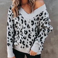 2021 autumnwinter new jumper print splicing strapless batwing sleeve leopard print pullover loose casual knitted sweater