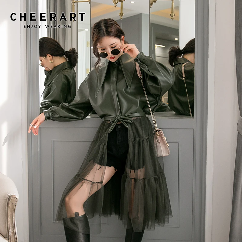 CHEERART Сетчатое лоскутное кожаное платье женское зеленое с длинным рукавом на