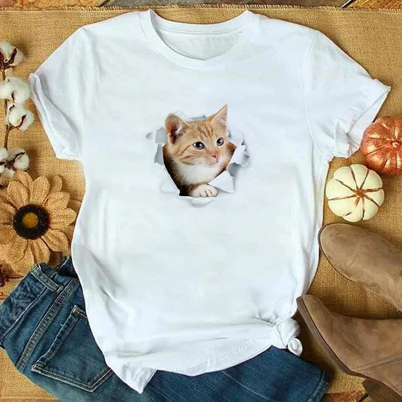 

White Tees Harajuku Kawaii 3D Cat Print T Shirt Womens Fashion Tshirt Casual O-Neck Short Sleeve T-shirt Fashion Women's Clothes