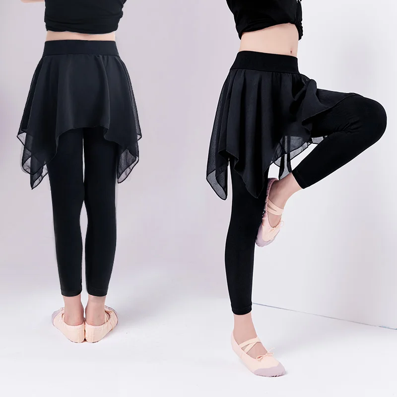 

Girls Kids black Ballet dance pants kids Modal pants with chiffon skirt gymnastics dance training Leggings