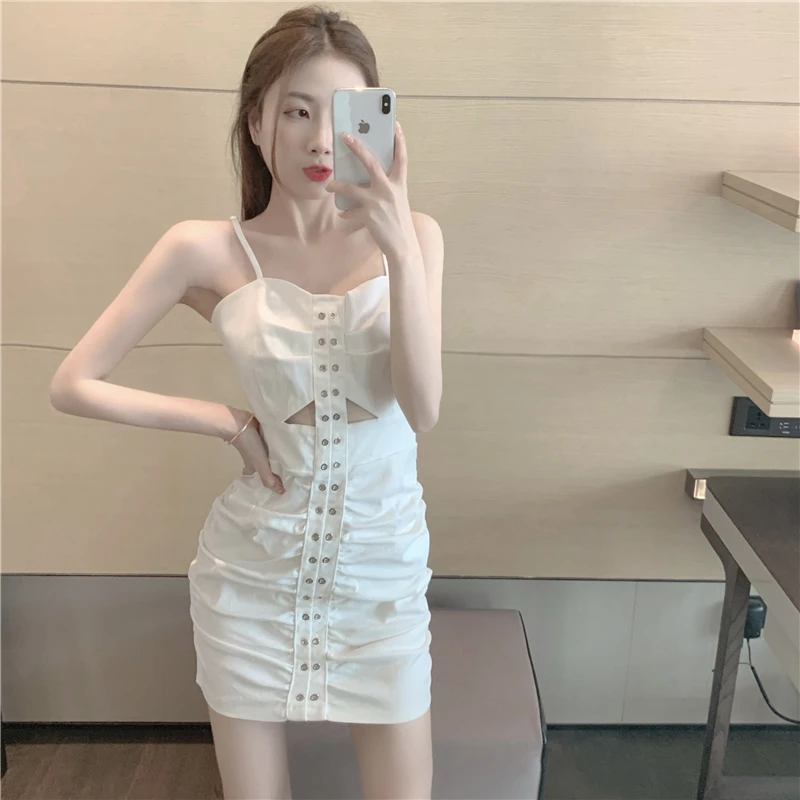 

2021 Summer High Street Fashion Retro Slim Temperament Women's Dress Solid Color Hollow Out Thin Folds Sling Dress