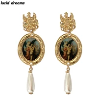 hot sale european famous original design baroque earrings oval gold zinc metal dangle palate long dangle women jewelry 2020 new