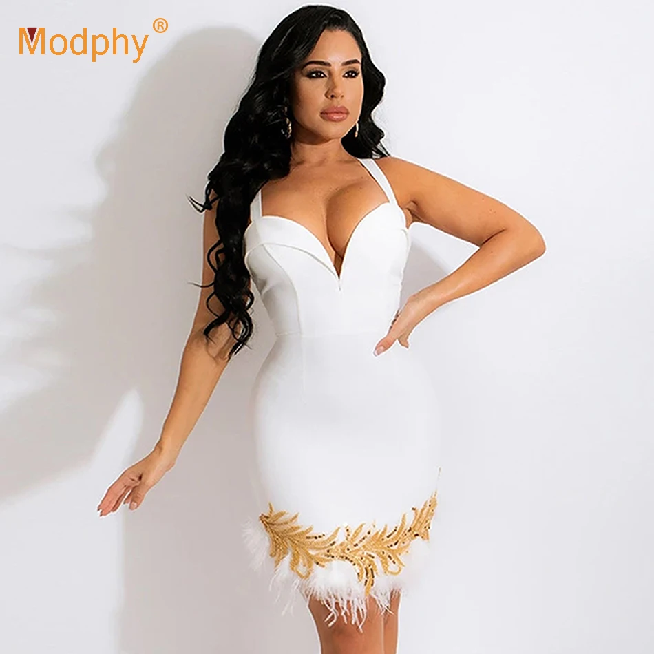 

High Quality Party White V-neck Feathers Rayon Bandage Dress Elegant Women Spaghetti strap Bodycon Club Dresses Vestidos