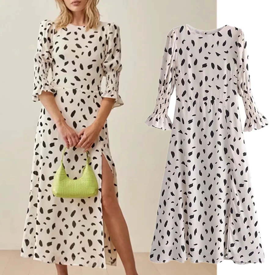 

Jenny&Dave Sexy Party Dress Summer Midi Dress Women Vestidos England France Romantic Elegant Leopard Print O-neck Forking
