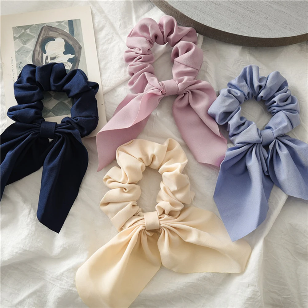 Red Blue Black Hair Ribbons Silk Hair Rope Women Fashion Scrunchies Rabbit Ears Knotted Hair Rope Bow Ponytail Holder Hair Ring